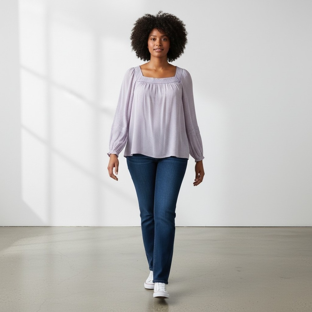 Lauren Conrad Women's Size XL Popover‎ Lavender Gray Diamond Balloon Sleeve Top